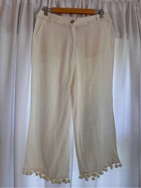 Aqua Cream Wide-Leg Linen Blend Pants with Fringe Pom Trim